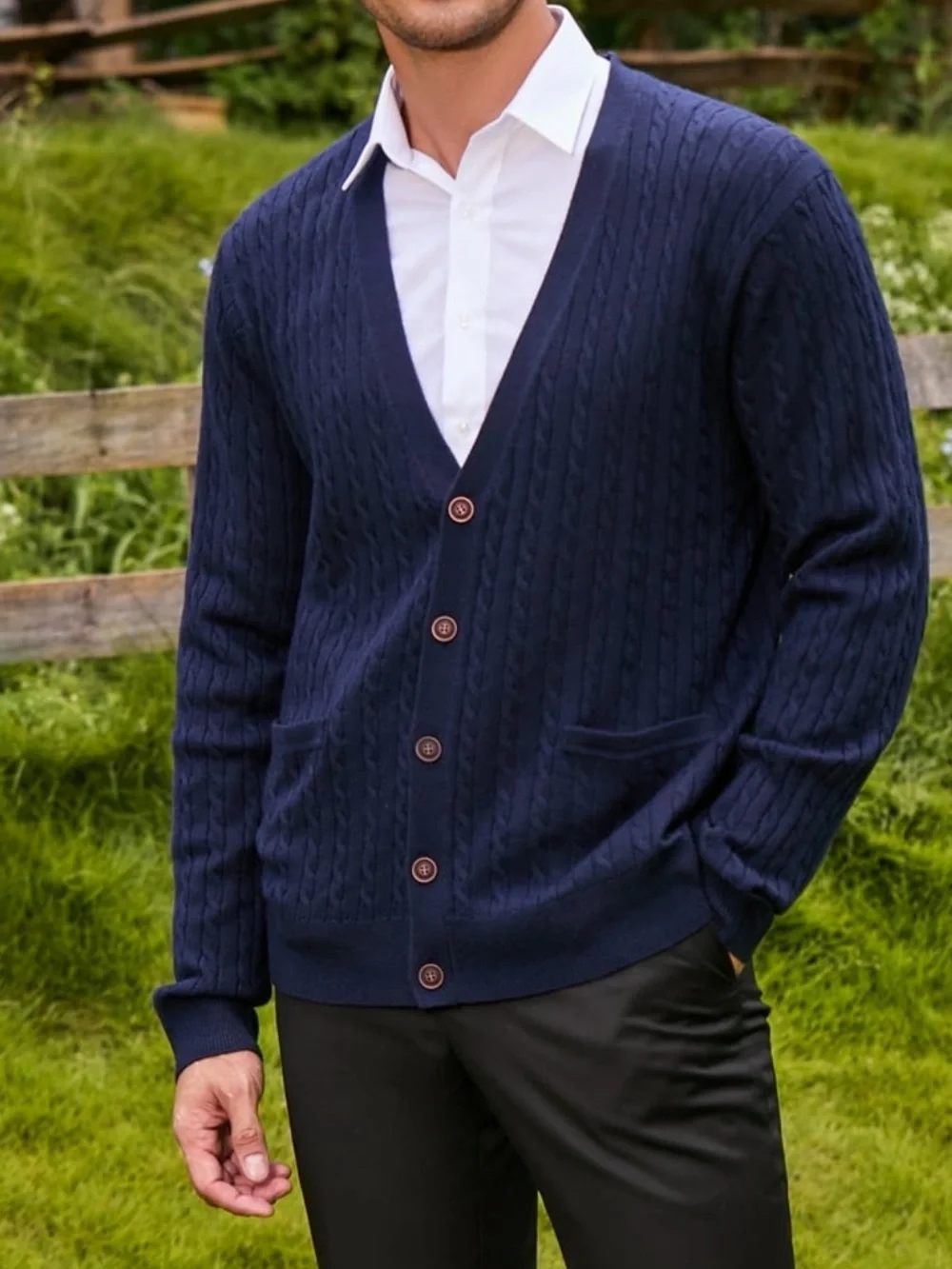 NWT Kallspin Wool Blend Cable Knit Cardigan Large Navy